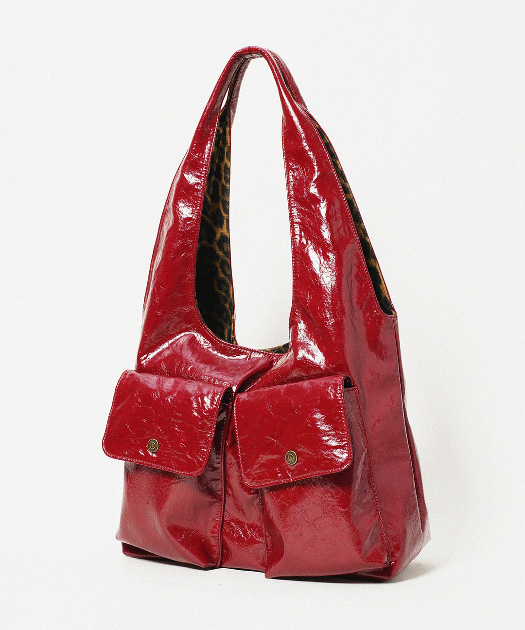 Elegant Red With Pockets Leopard Lined Faux Leather Shoulder Bags