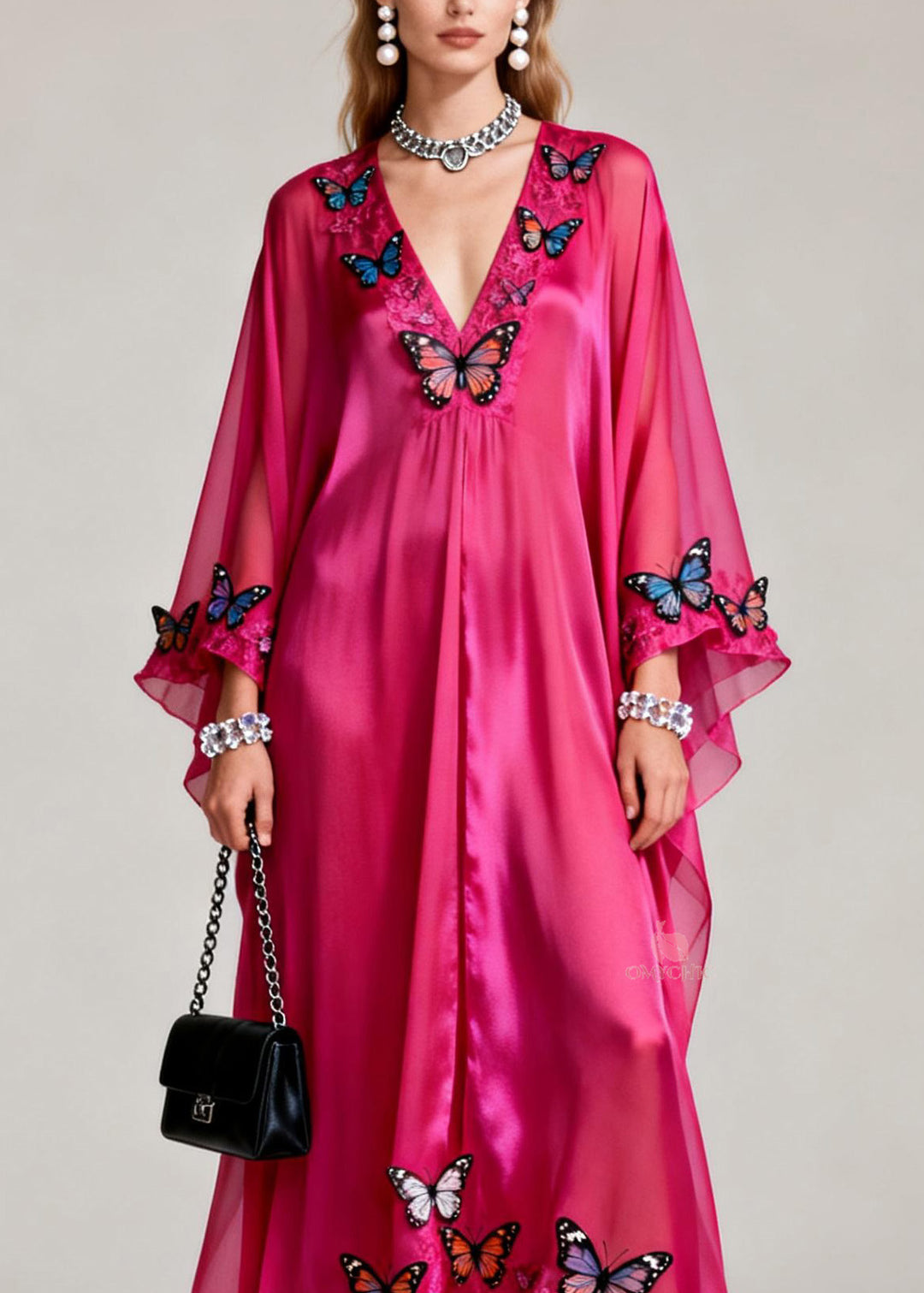Elegant Rose V Neck Butterfly Silk Maxi Dresses Spring