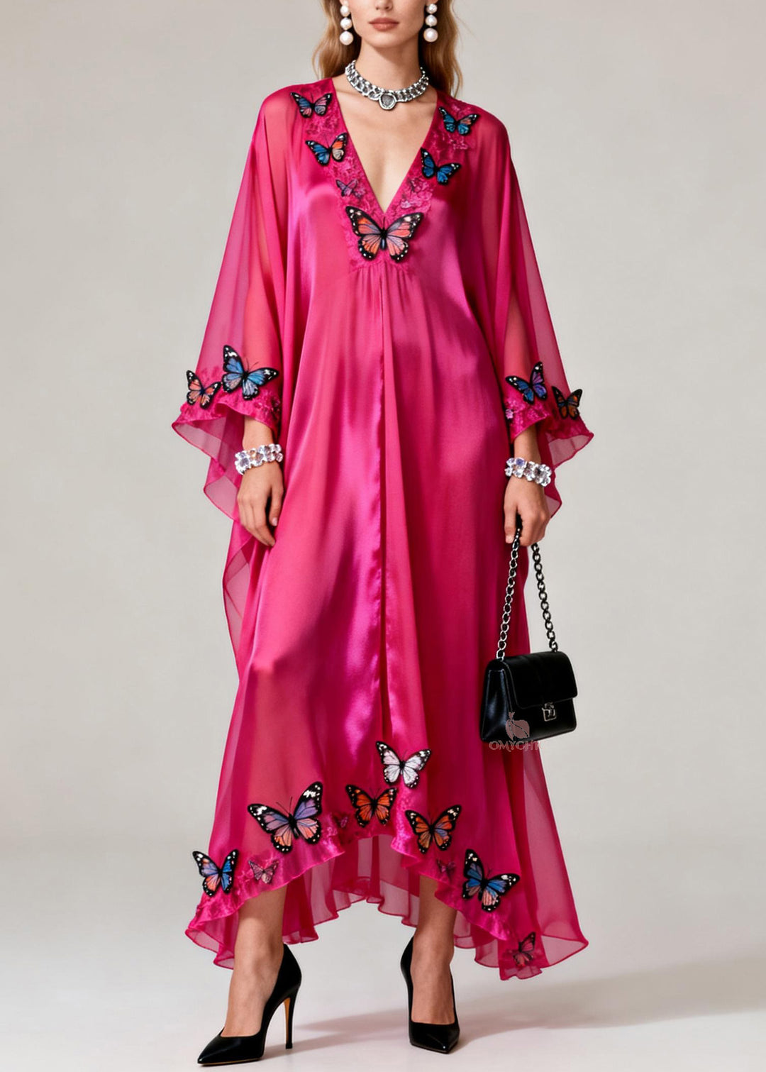 Elegant Rose V Neck Butterfly Silk Maxi Dresses Spring