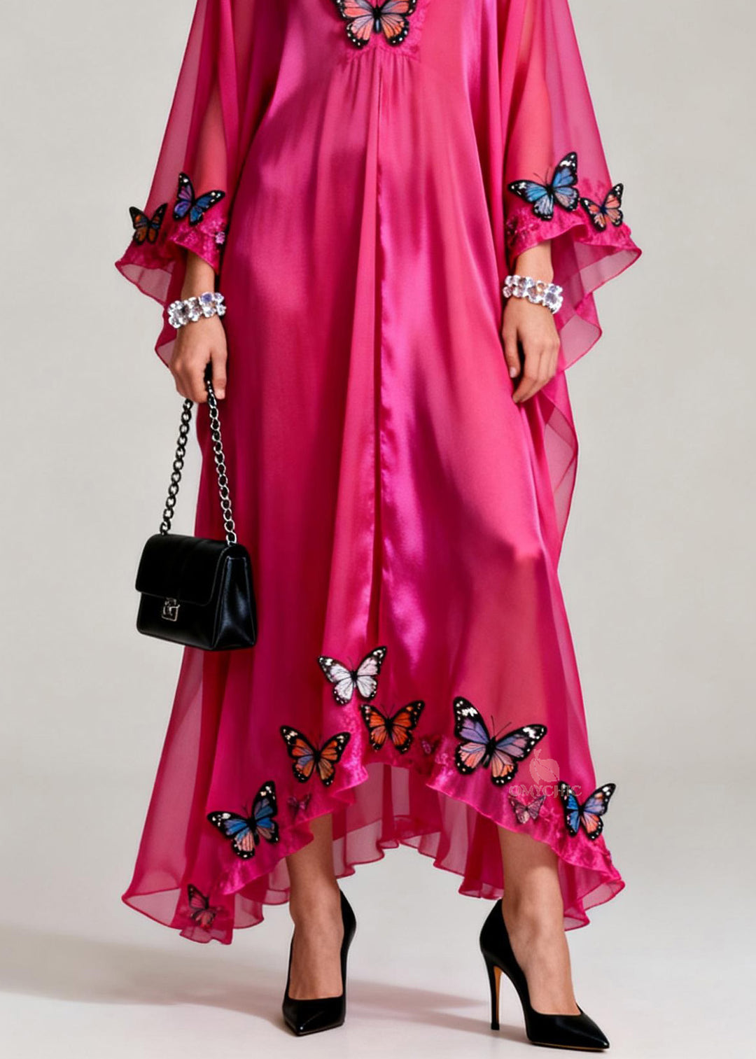 Elegant Rose V Neck Butterfly Silk Maxi Dresses Spring