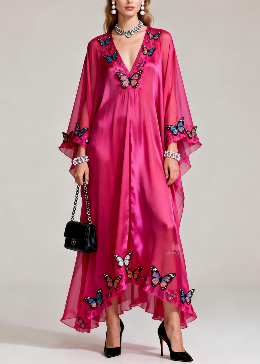 Elegant Rose V Neck Butterfly Silk Maxi Dresses Spring