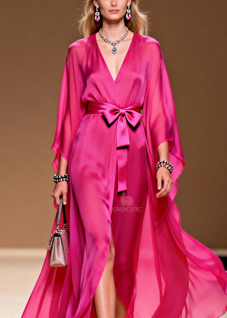 Elegant Rose V Neck Lace Up Chiffon Long Dress Summer - Omychic