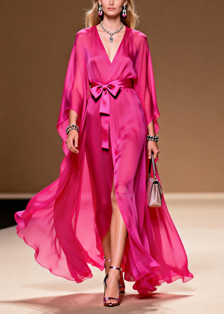 Elegant Rose V Neck Lace Up Chiffon Long Dress Summer - Omychic