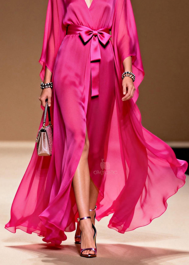 Elegant Rose V Neck Lace Up Chiffon Long Dress Summer - Omychic
