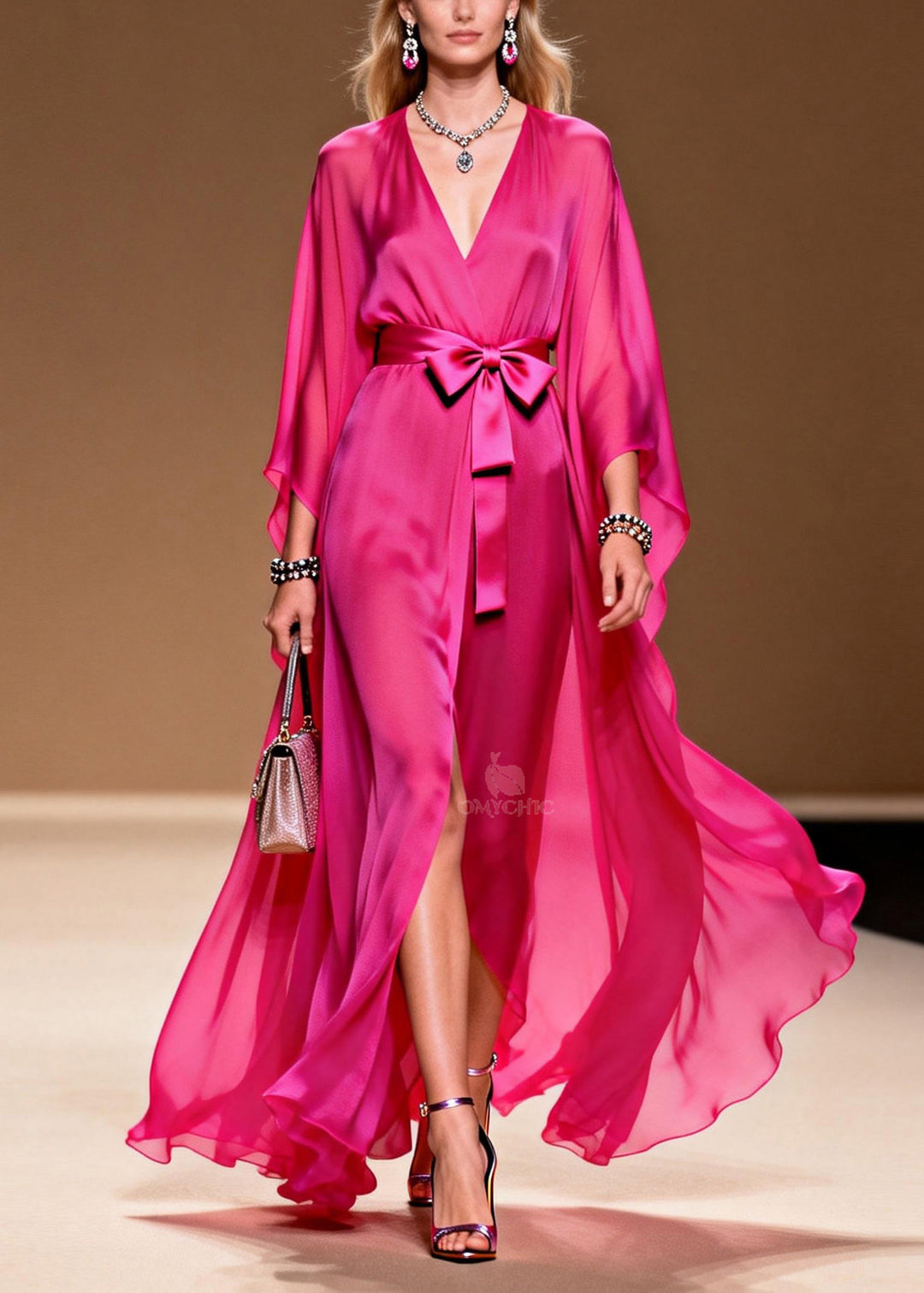 Elegant Rose V Neck Lace Up Chiffon Long Dress Summer - Omychic