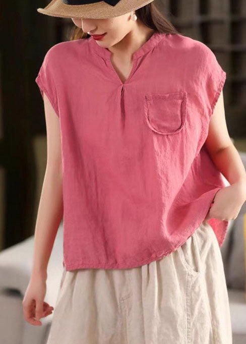 Elegant Rose V Neck Pocket Linen Tops Summer