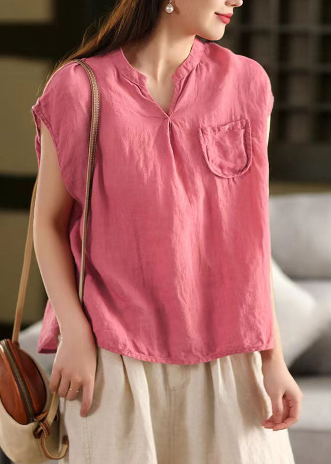 Elegant Rose V Neck Pocket Linen Tops Summer