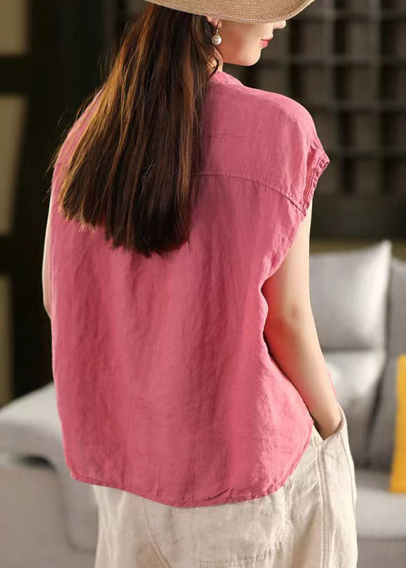 Elegant Rose V Neck Pocket Linen Tops Summer