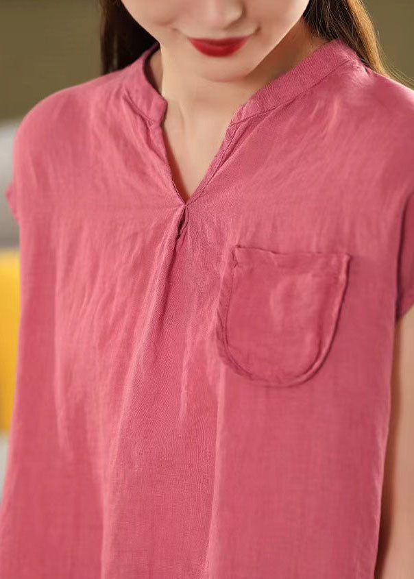 Elegant Rose V Neck Pocket Linen Tops Summer
