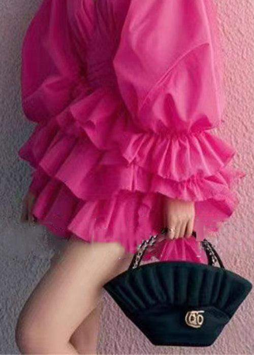 Elegant Rose V Neck Solid Cotton Mini Dress Butterfly Sleeve