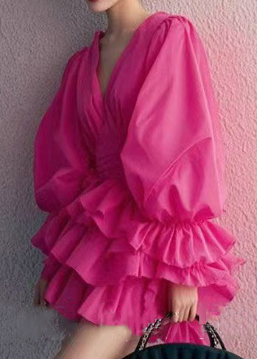 Elegant Rose V Neck Solid Cotton Mini Dress Butterfly Sleeve