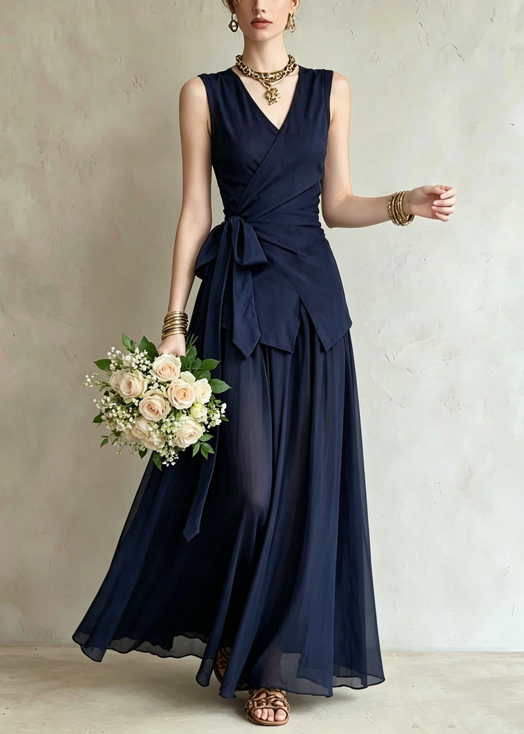 Elegant Royal Blue V Neck Tie Waist Top And Maxi Skirts Two Piece Set Summer