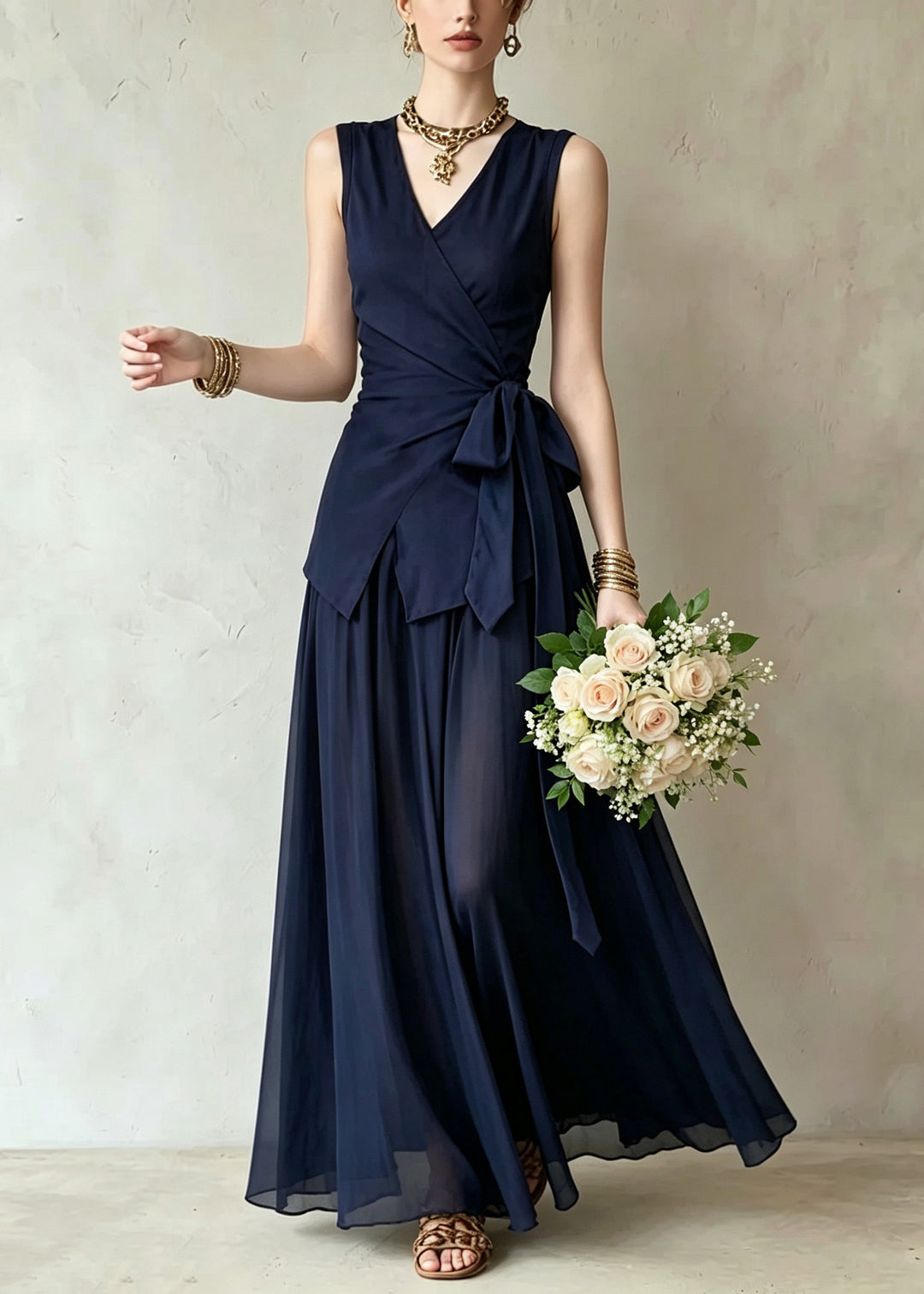 Elegant Royal Blue V Neck Tie Waist Top And Maxi Skirts Two Piece Set Summer