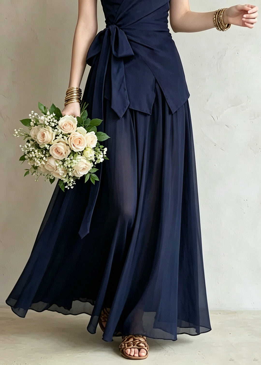 Elegant Royal Blue V Neck Tie Waist Top And Maxi Skirts Two Piece Set Summer