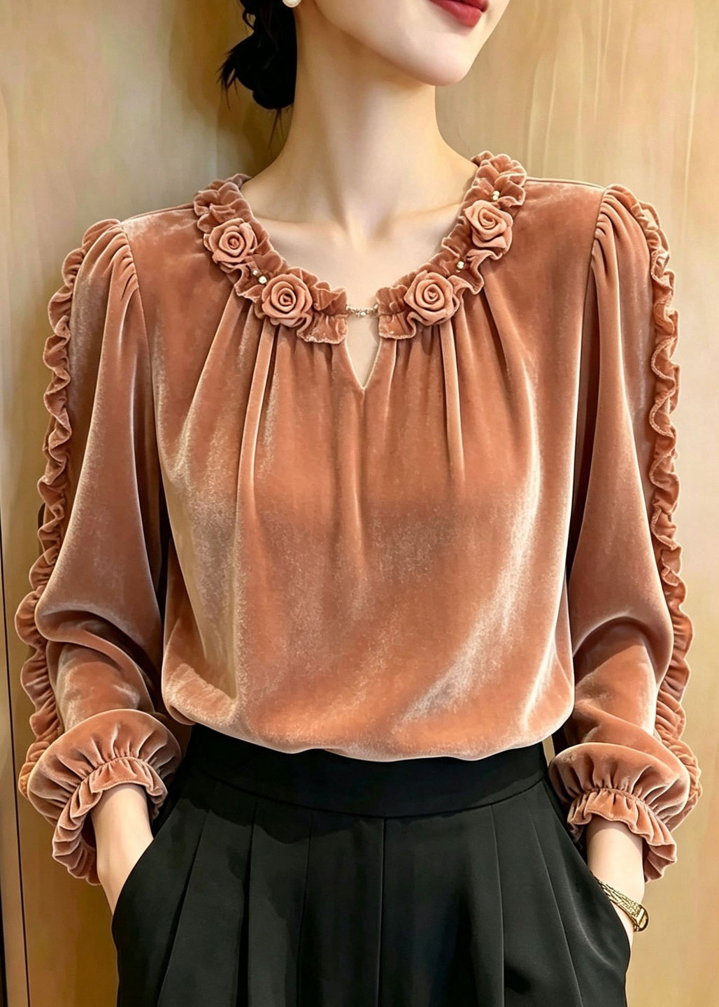 Elegant Ruffled Stereoscopic Floral Silk Velvet Blouse Top Fall