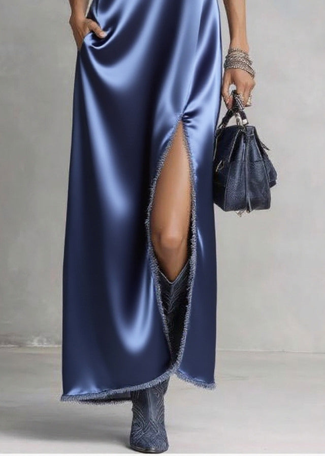 Elegant Sea Blue V Neck Side Open Silk Maxi Dresses Sleeveless