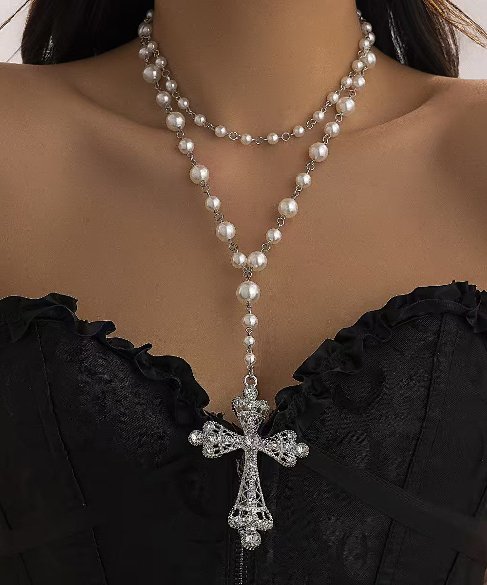 Elegant Silk Alloy Zircon Multilayer Pearl Cross Gratuated Bead Necklace