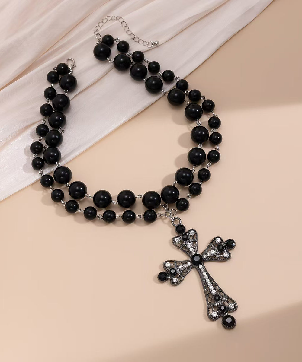Elegant Silk Alloy Zircon Multilayer Pearl Cross Gratuated Bead Necklace