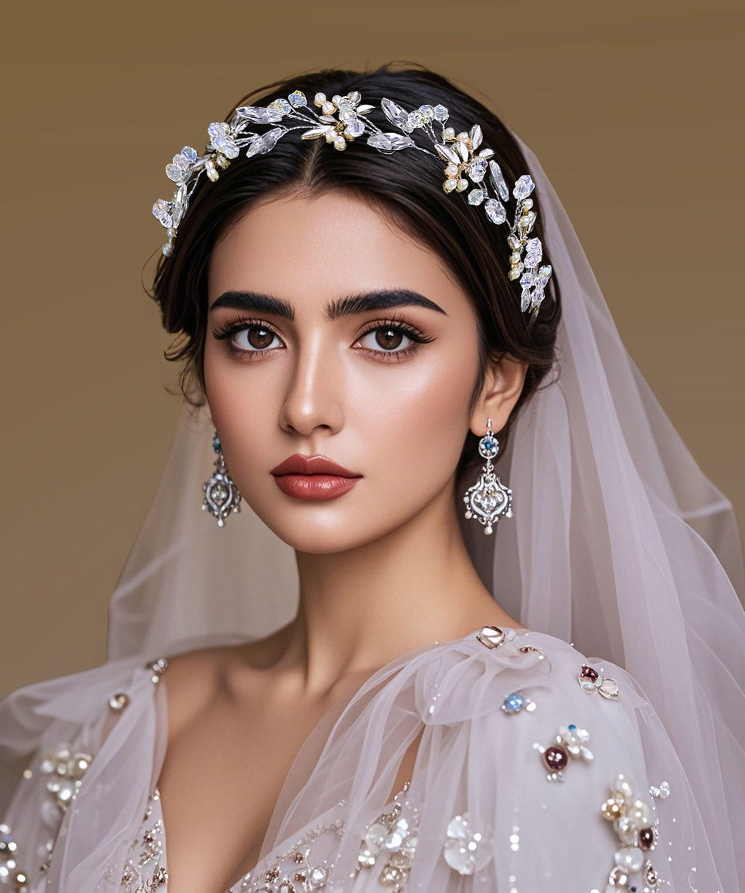 Elegant Silk Weave Zircon Floral Bride HairPiece
