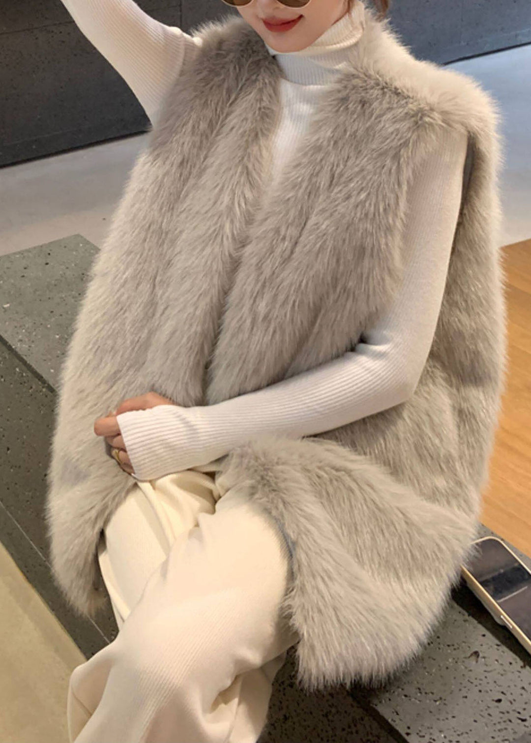 Elegant Silver Grey V Neck Solid Mink Velvet Waistcoat Winter