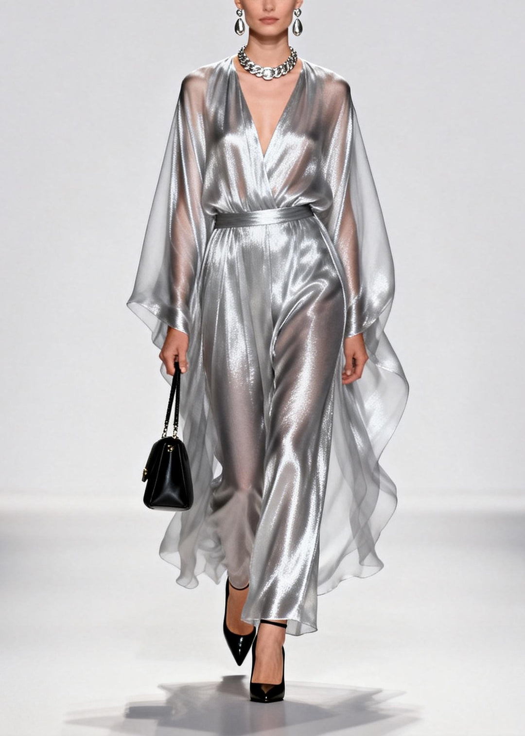 Elegant Silvery Tunic Draping Chiffon Long Dress Summer