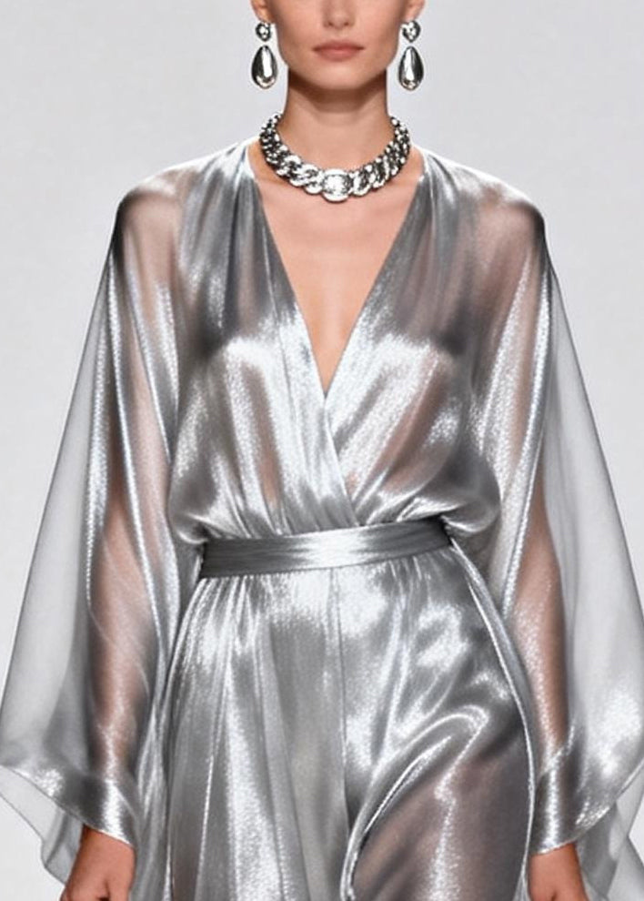 Elegant Silvery Tunic Draping Chiffon Long Dress Summer