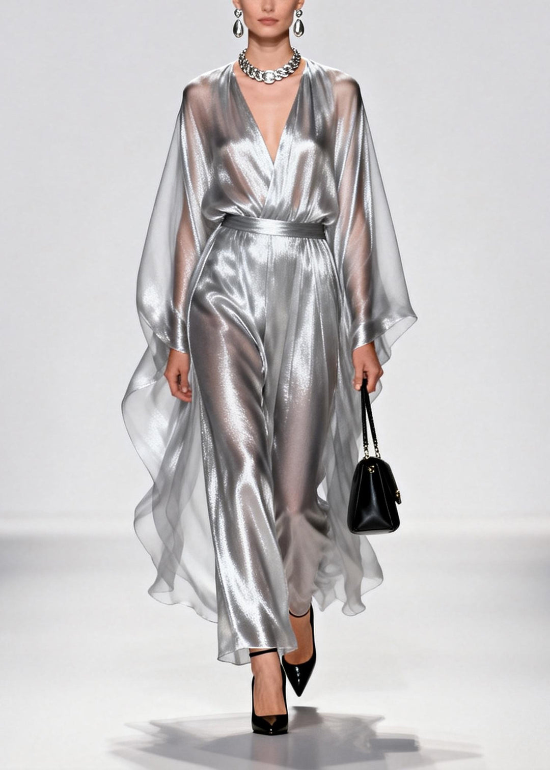 Elegant Silvery Tunic Draping Chiffon Long Dress Summer