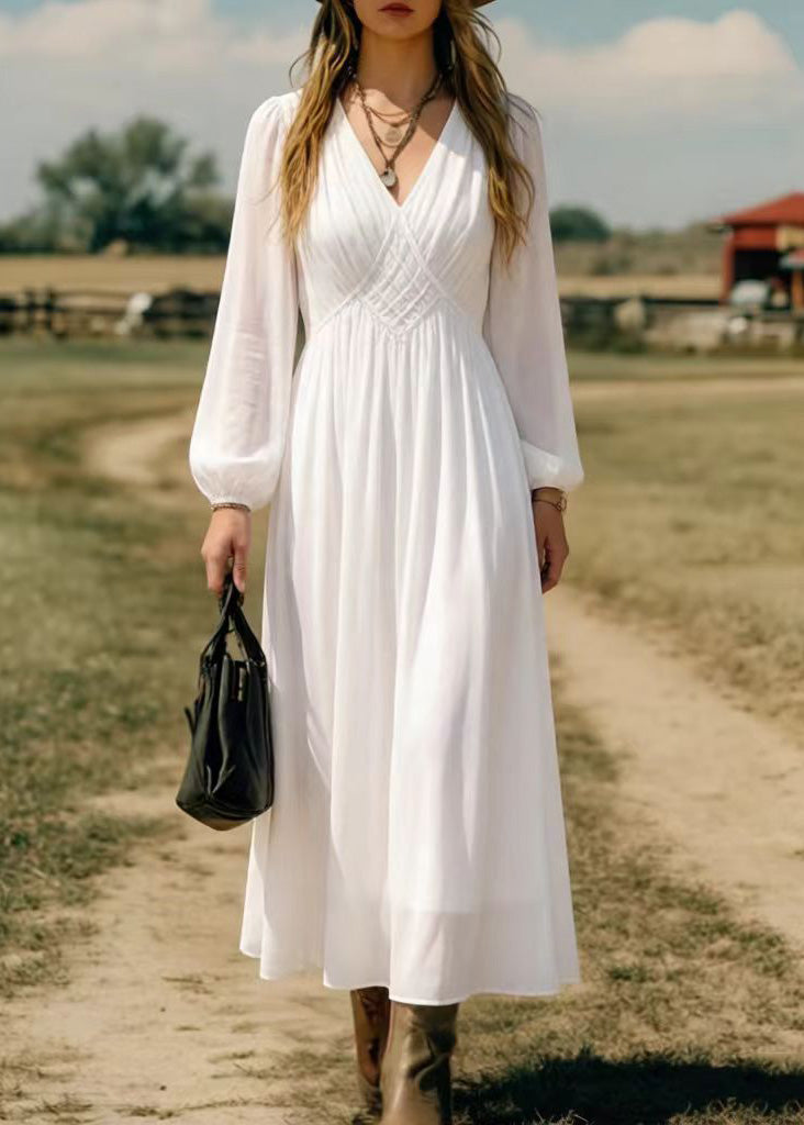Elegant Simple White V Neck Chiffon Long Dress Spring