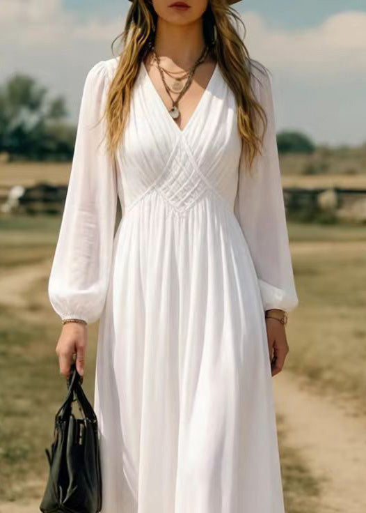 Elegant Simple White V Neck Chiffon Long Dress Spring