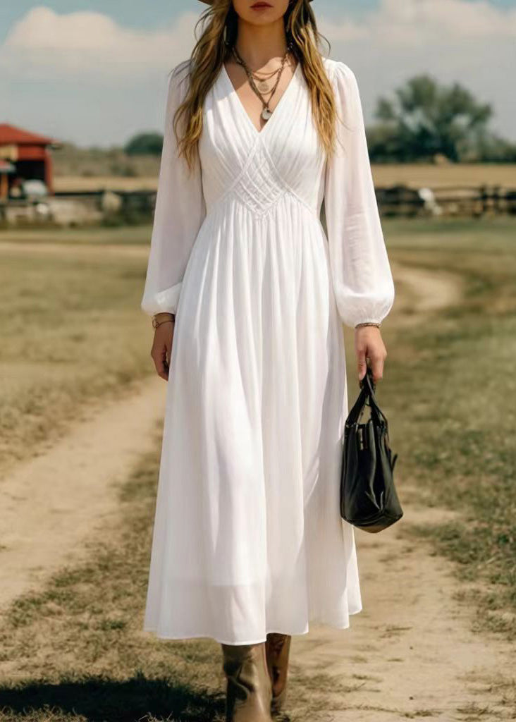 Elegant Simple White V Neck Chiffon Long Dress Spring
