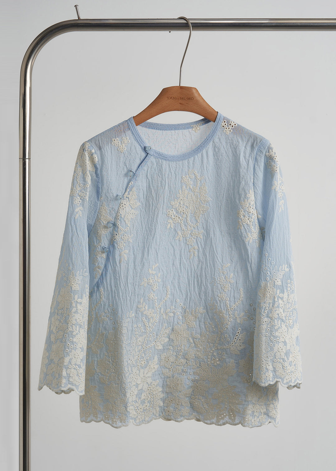 Elegant Sky Blue Embroidered Cotton Tops Fall