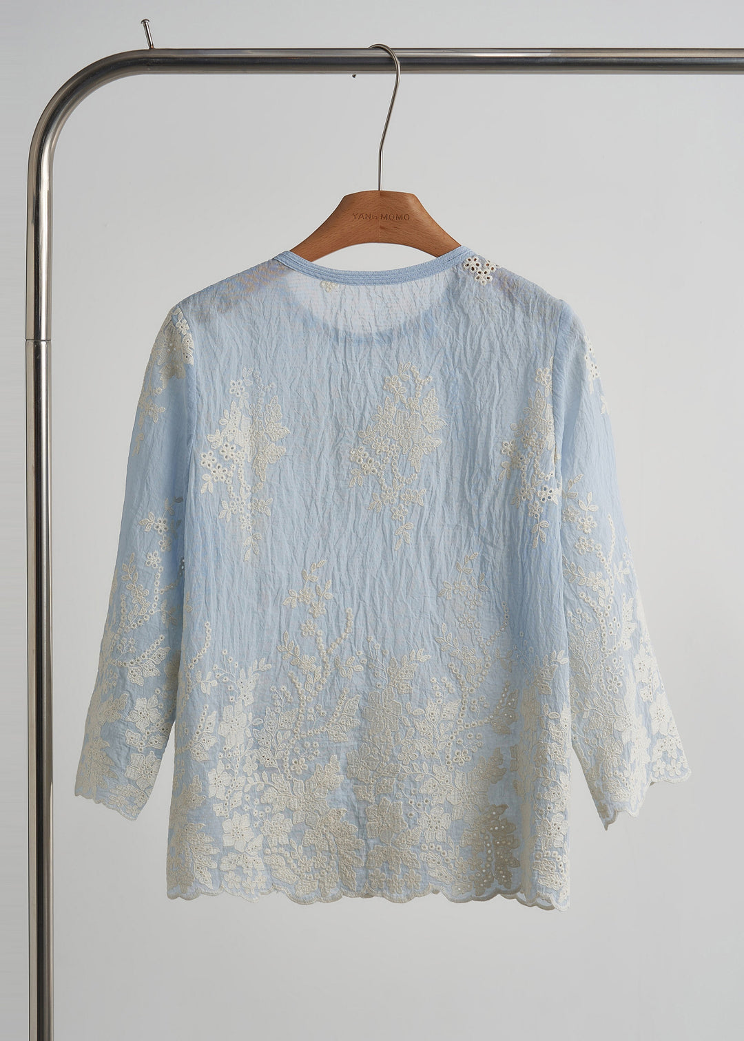 Elegant Sky Blue Embroidered Cotton Tops Fall