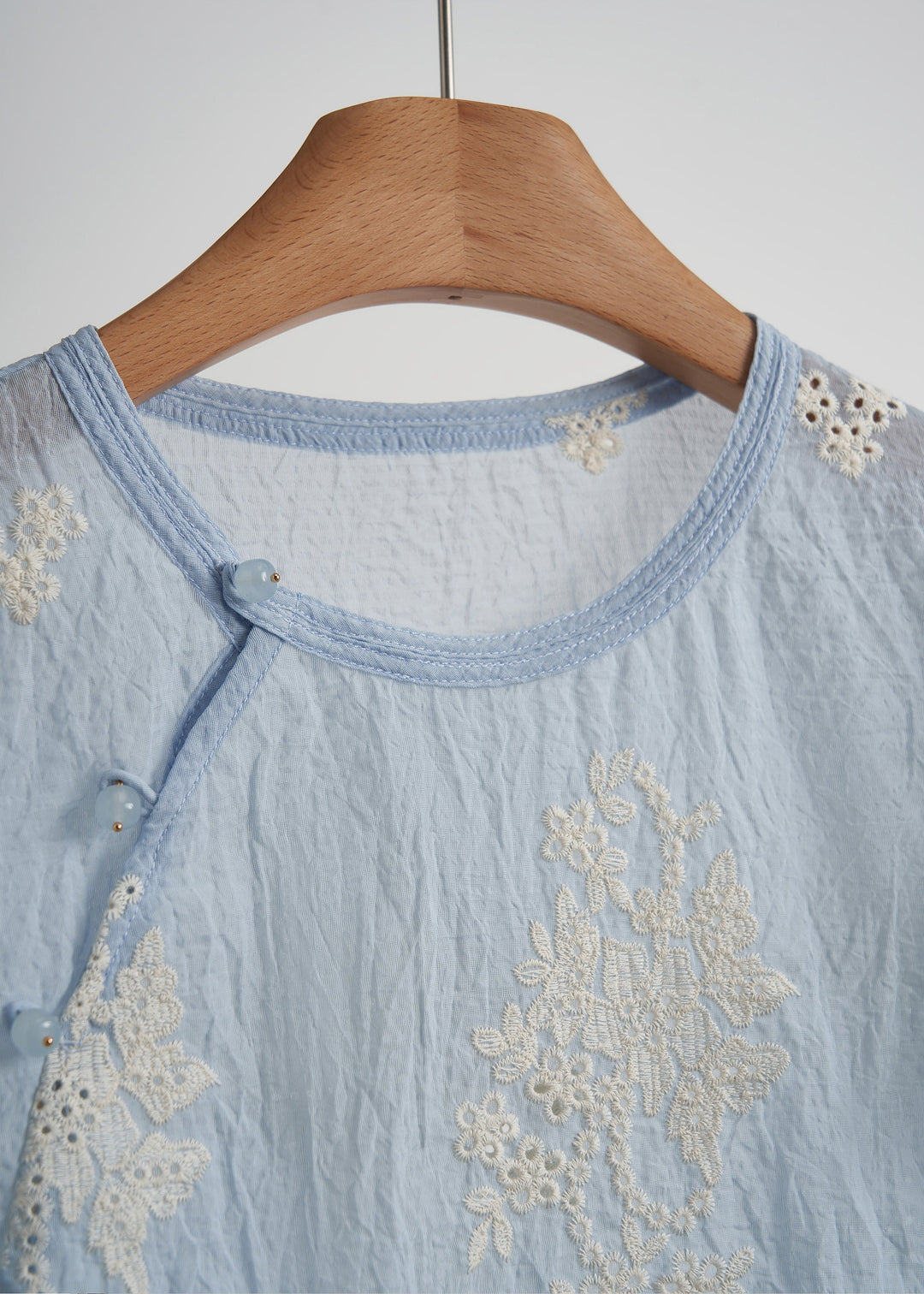 Elegant Sky Blue Embroidered Cotton Tops Fall