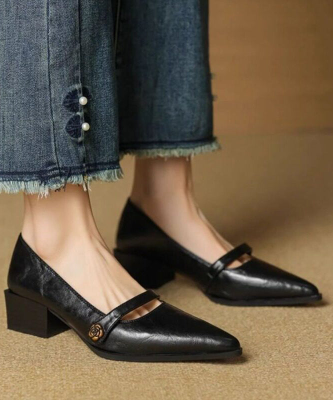 Elegant Splicing Chunky High Heels Black Faux Leather Pointed Toe