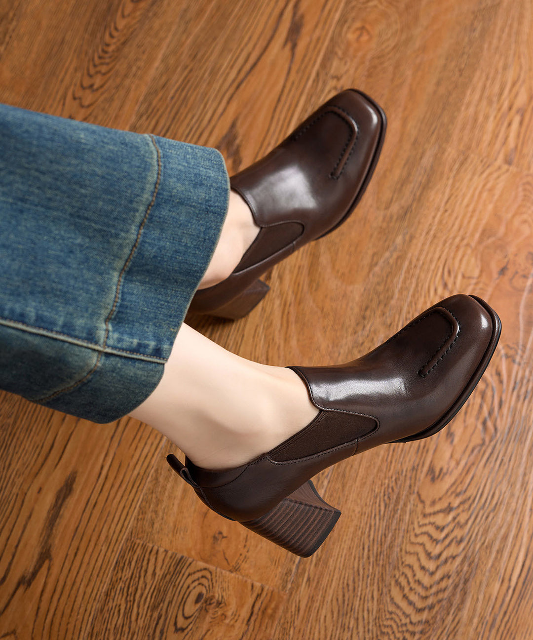 Elegant Splicing Chunky High Heels Brown Cowhide Leather
