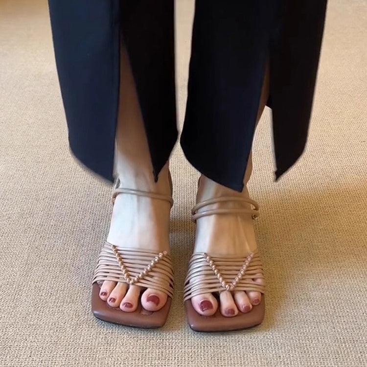 Elegant Splicing Chunky Sandals Brown Faux Leather Peep Toe