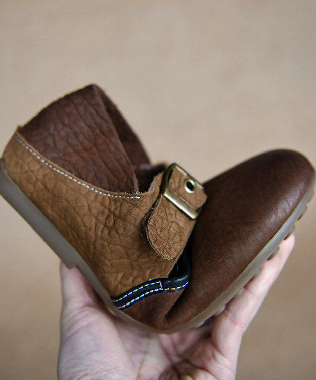 Elegant Splicing Flat Shoes For Women Brown Cowhide Leather
