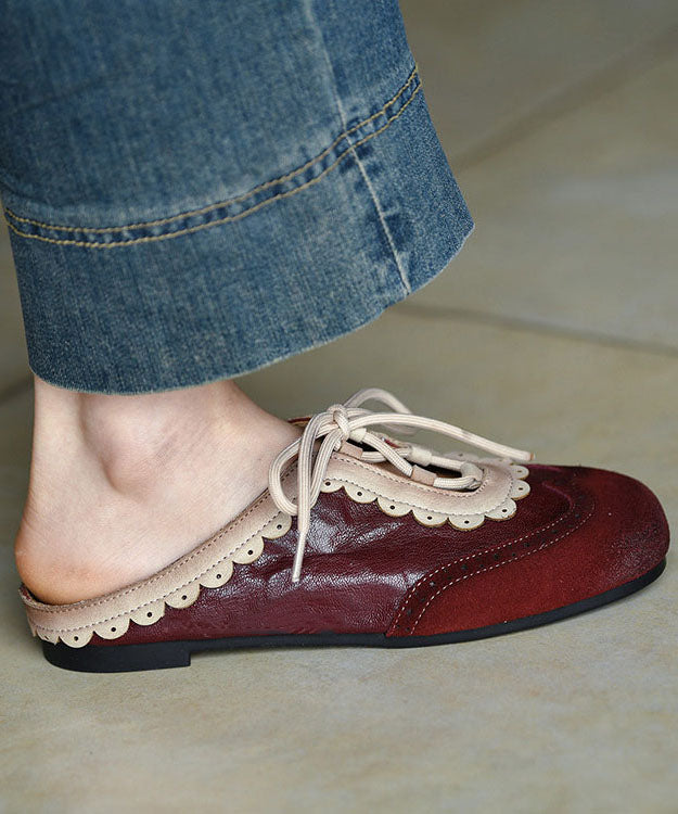 Elegant Splicing Flat Slide Sandals Mulberry Cowhide Leather