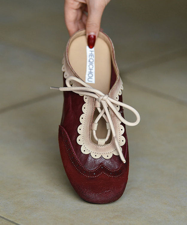 Elegant Splicing Flat Slide Sandals Mulberry Cowhide Leather