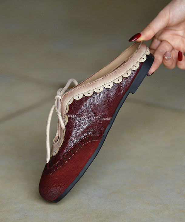 Elegant Splicing Flat Slide Sandals Mulberry Cowhide Leather