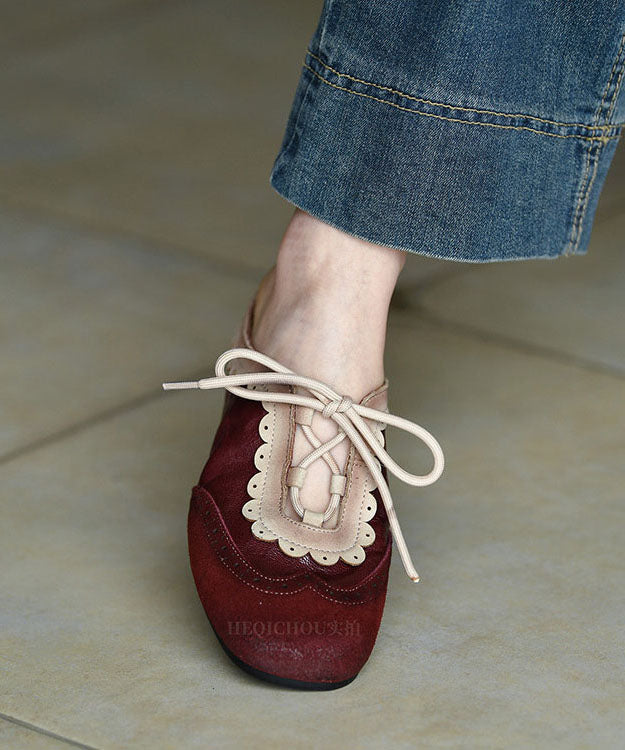 Elegant Splicing Flat Slide Sandals Mulberry Cowhide Leather