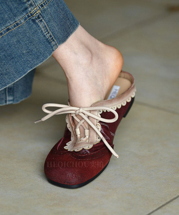 Elegant Splicing Flat Slide Sandals Mulberry Cowhide Leather