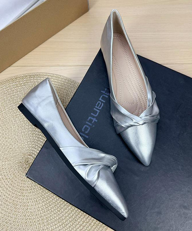 Elegant Splicing Flats Silver Faux Leather Pointed Toe