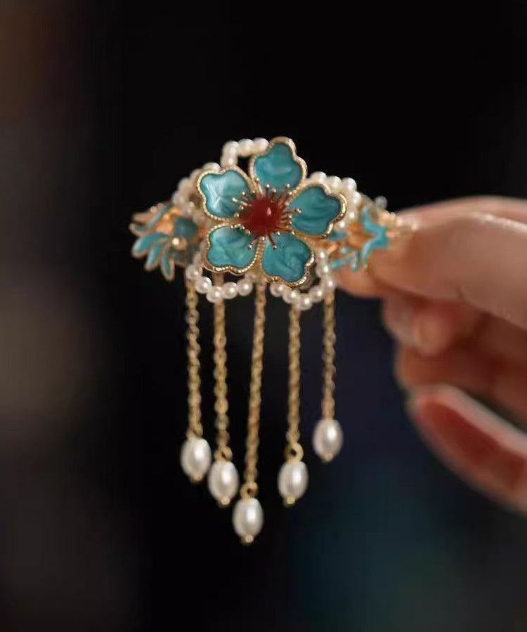 Elegant Sterling Silver Overgild Butterfly Floral Tassel Hairpin