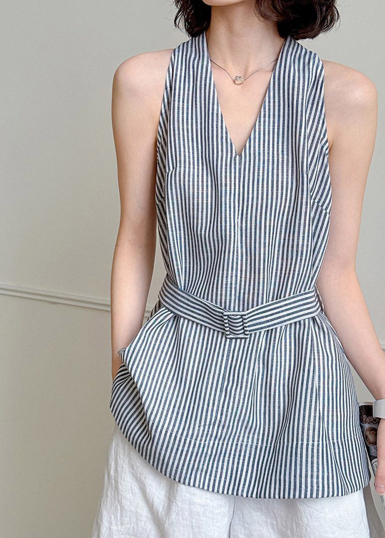 Elegant Striped V Neck Sashes Shirt Summer