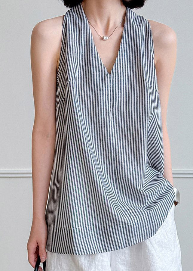Elegant Striped V Neck Sashes Shirt Summer