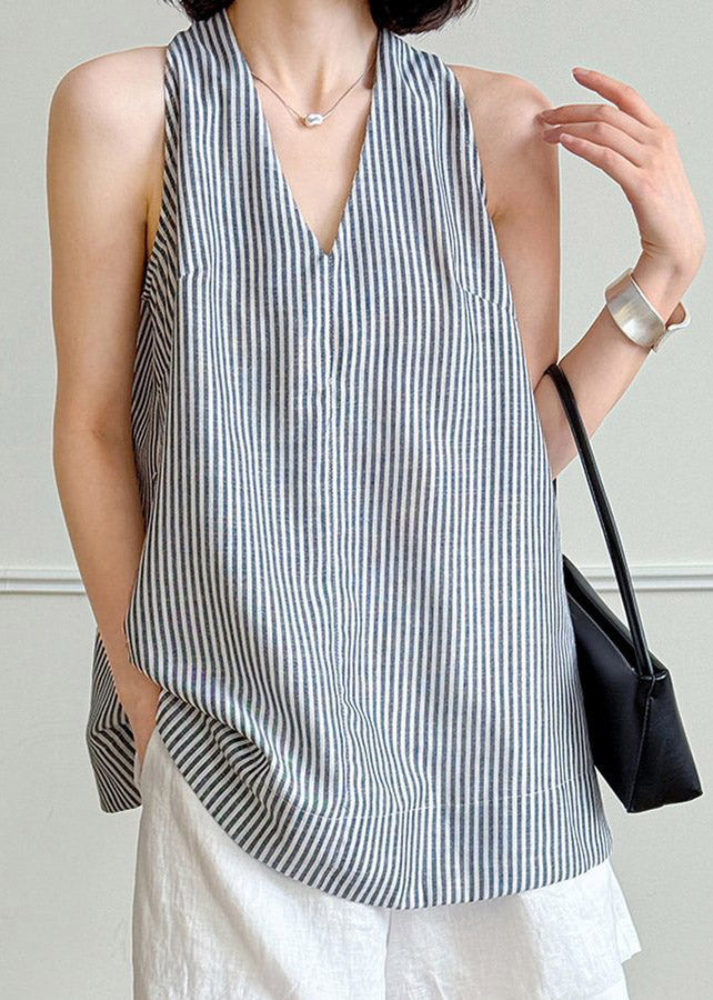 Elegant Striped V Neck Sashes Shirt Summer