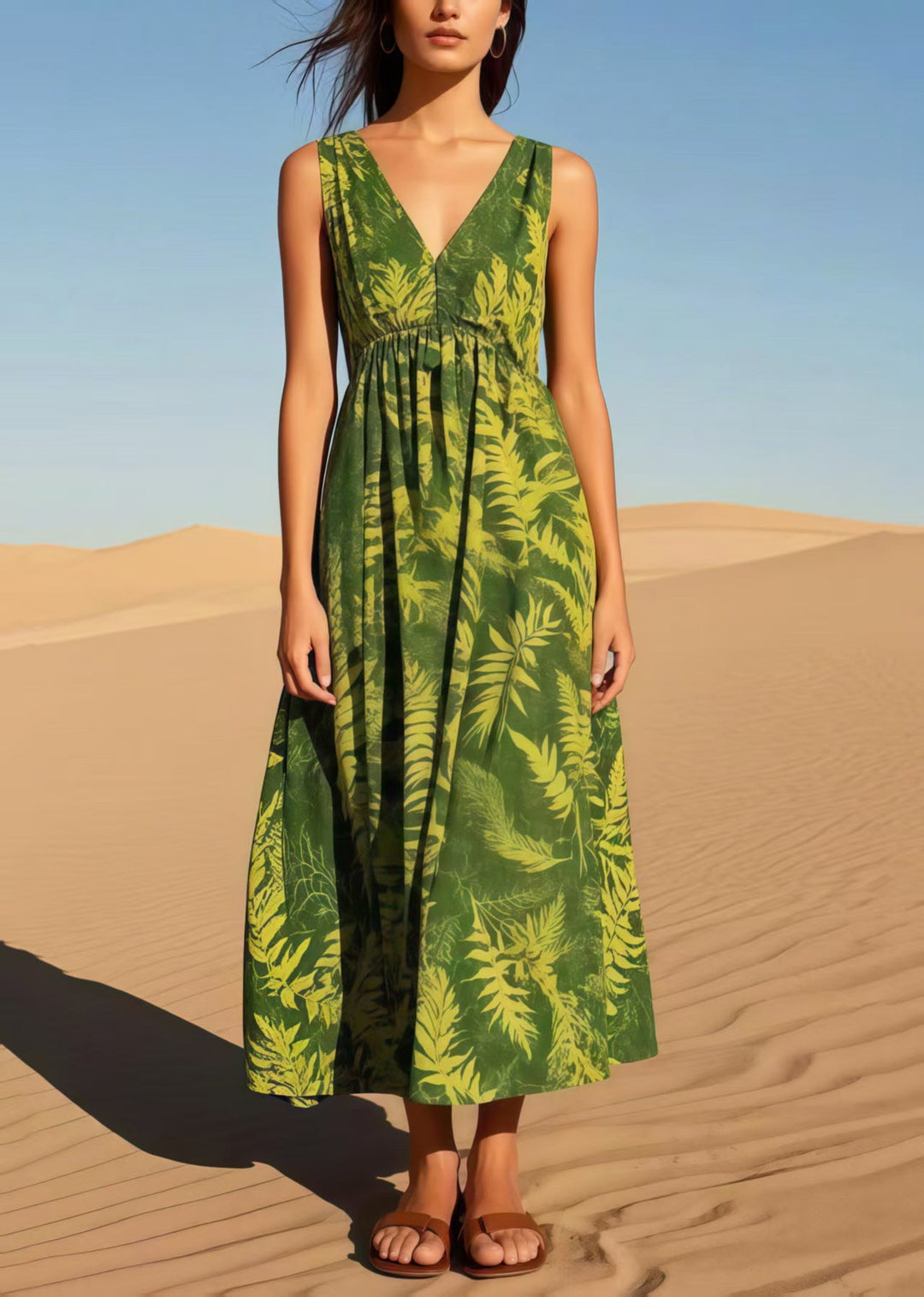 Elegant Tea Green V Neck Print Cotton Cami Dresses Summer