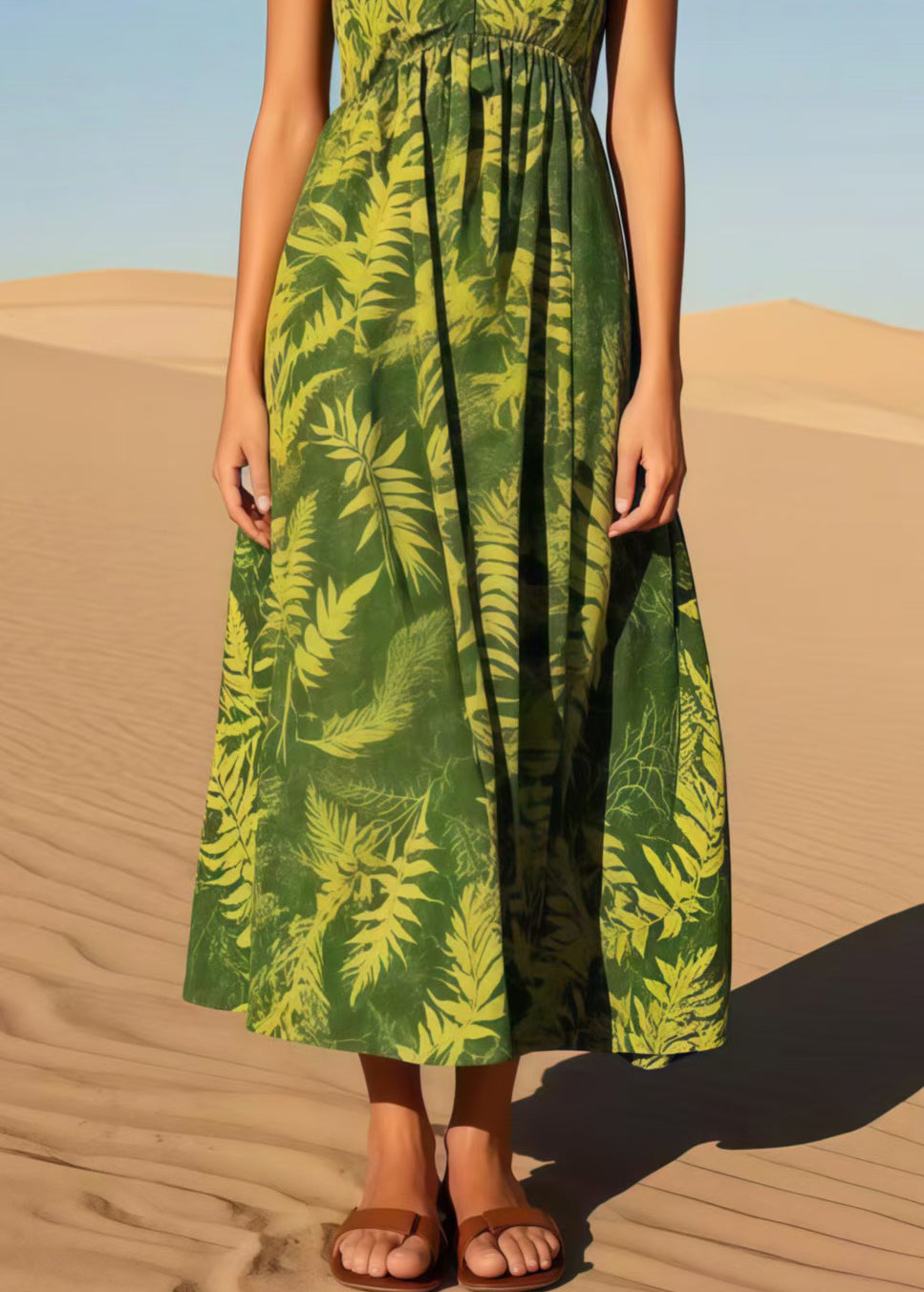 Elegant Tea Green V Neck Print Cotton Cami Dresses Summer