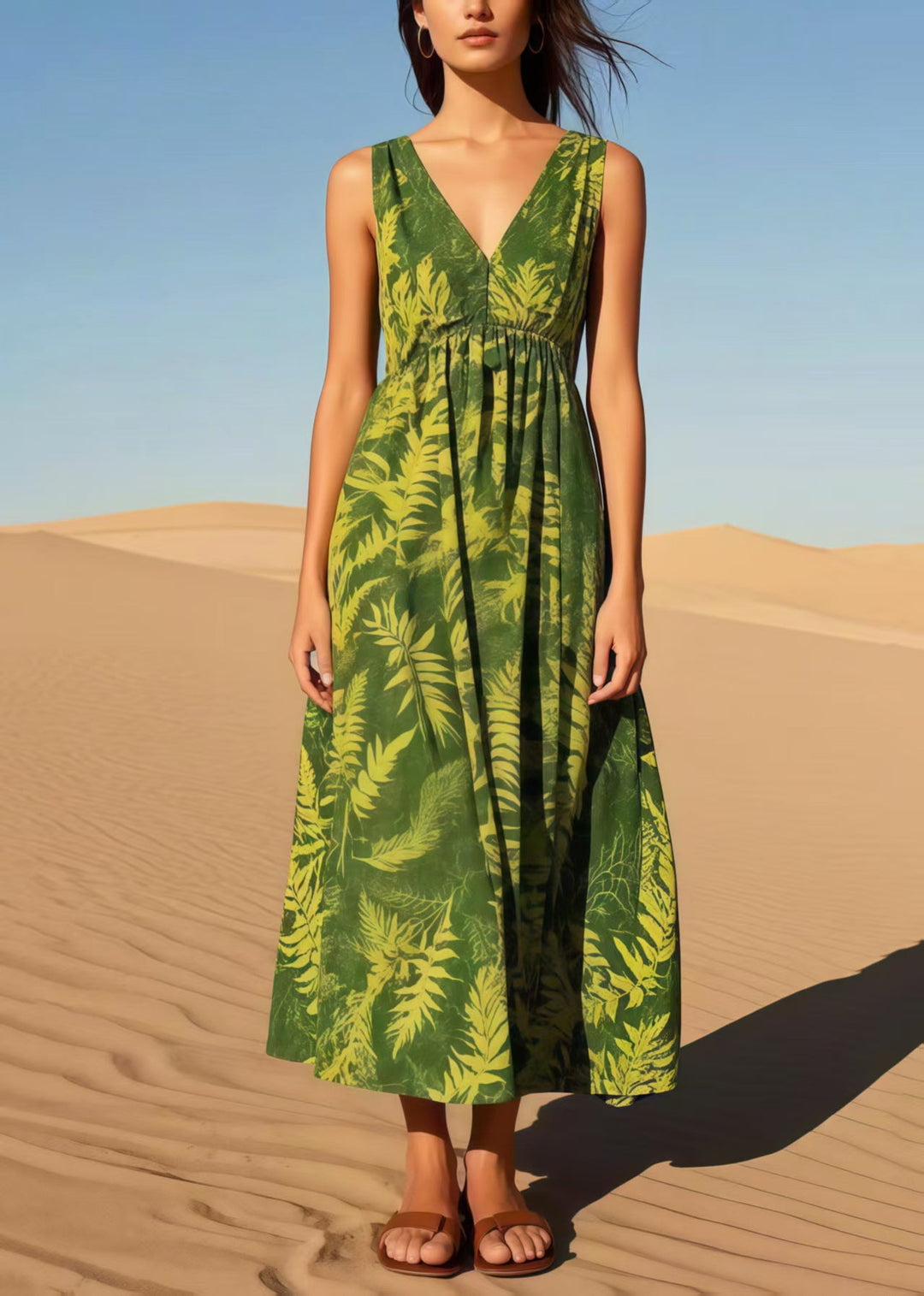 Elegant Tea Green V Neck Print Cotton Cami Dresses Summer